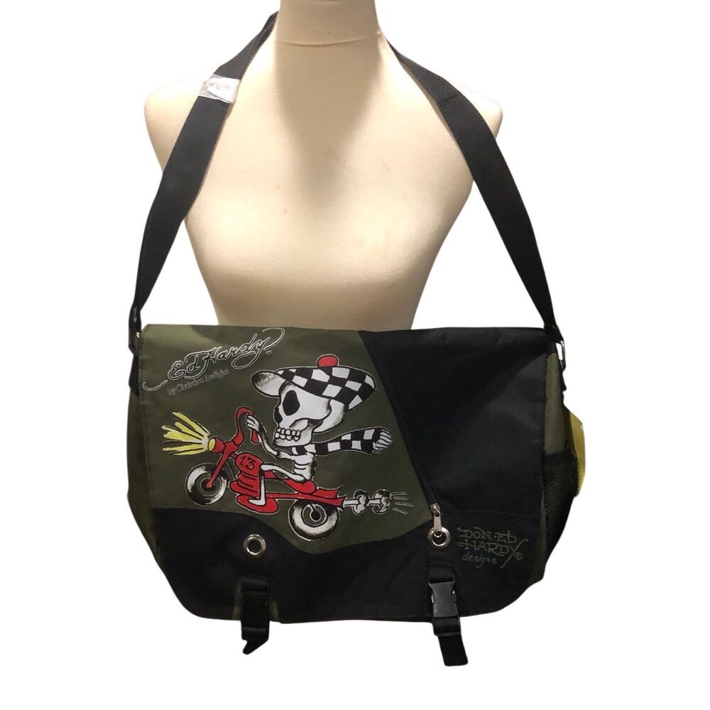 Ed Hardy original “Speedy Skeleton" unisex messenger bag in green canvas with a